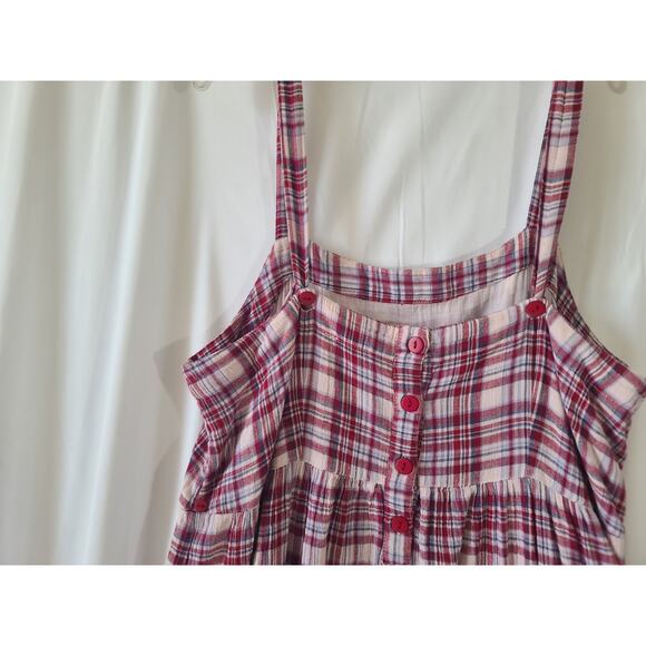 April Cornell Womens Red Pink Plaid Tank Midi Dress Large Pockets 100% Cotton - Picture 9 of 10
